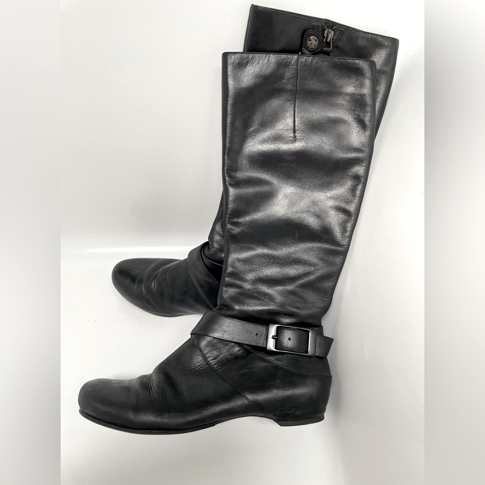All leather flat black tall boots